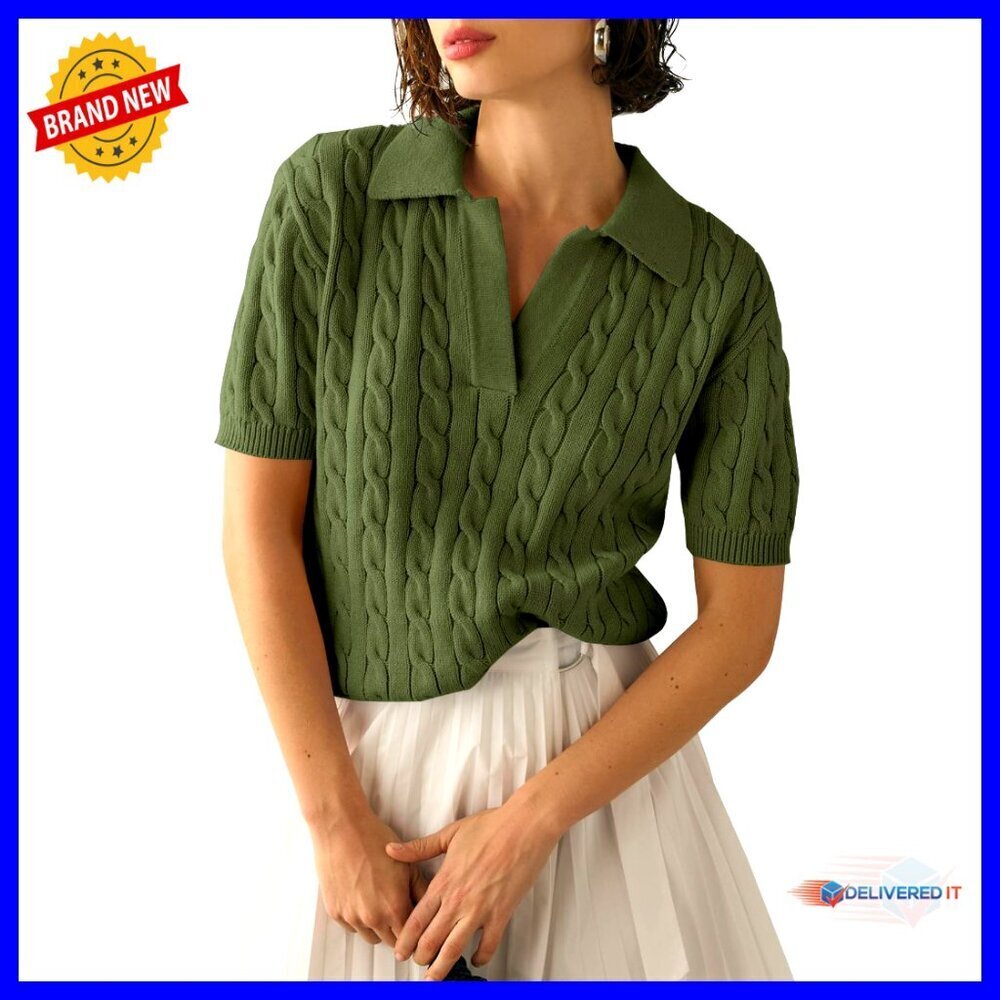 Short Sleeve Cable Knit Sweater Top V Neck Lapel Casual Pullover S-2XL